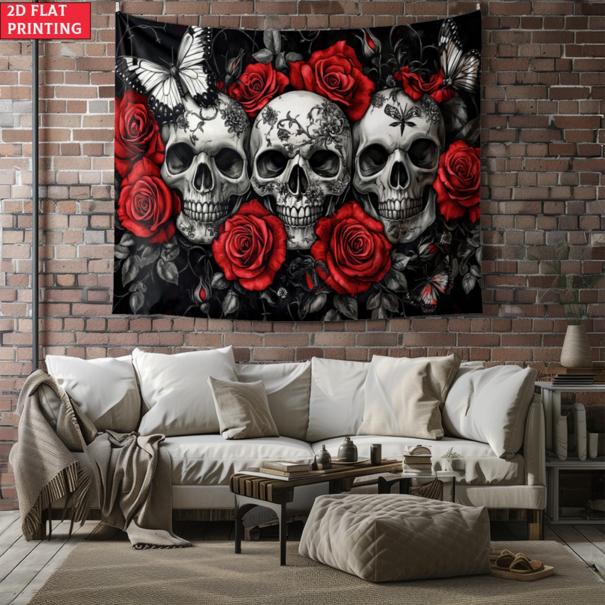 Interior Design Style - Tapiz gótico de calavera y rosas